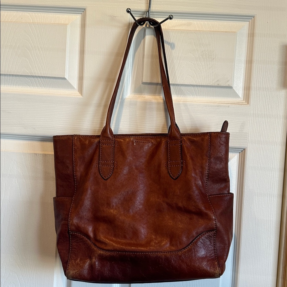The Frye North South Shoulder Tote Bag in Cognac Leather 13”x15”